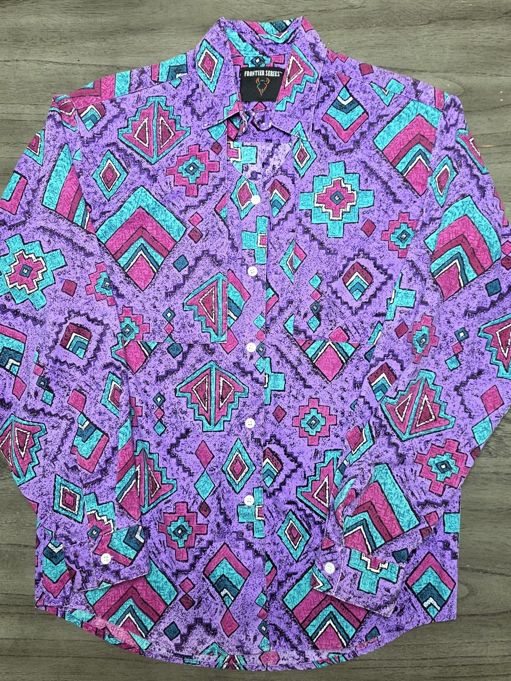 Vtg 90s Frontier Series Aztec Western Shirt Small Purple Pink Teal Geometric
